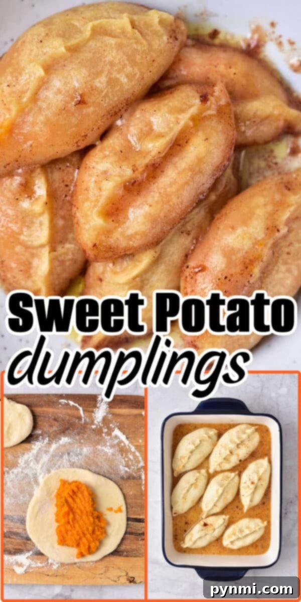 Golden Sweet Potato Dumplings 8 Sweet Potato Dumplings baking in a casserole dish, with step-by-step images showing the process of filling and sealing dough on a floured surface.