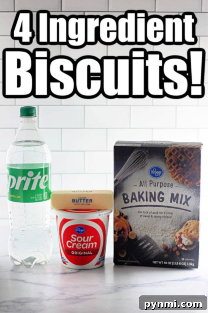 Ingredients for bisquick butter swim biscuits: Sprite, sour cream, butter, and a box of all-purpose baking mix. Perfect for creating 4 Ingredients Basic Biscuits!