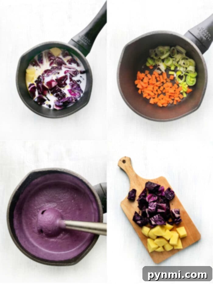 A vibrant purple cabbage soup, highlighting the natural colors of the ingredients, served in a rustic bowl.