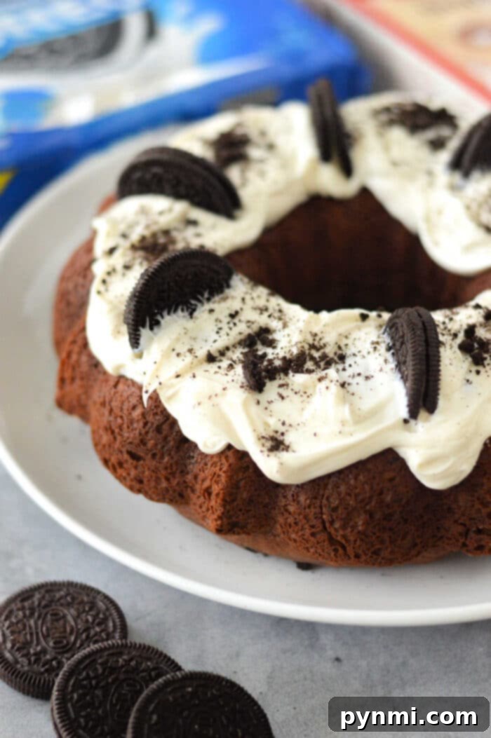 A mouth-watering slice of Oreo Cake with Cake Mix, showcasing its moist texture and rich chocolate flavor, topped with delicate white frosting.
