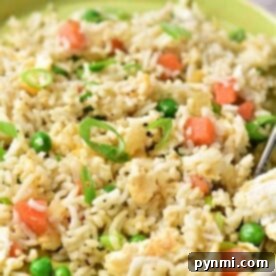 A plate of egg fried rice with peas, chopped tomatoes, and green onions showcases a delicious take on how to make egg fried rice at home.