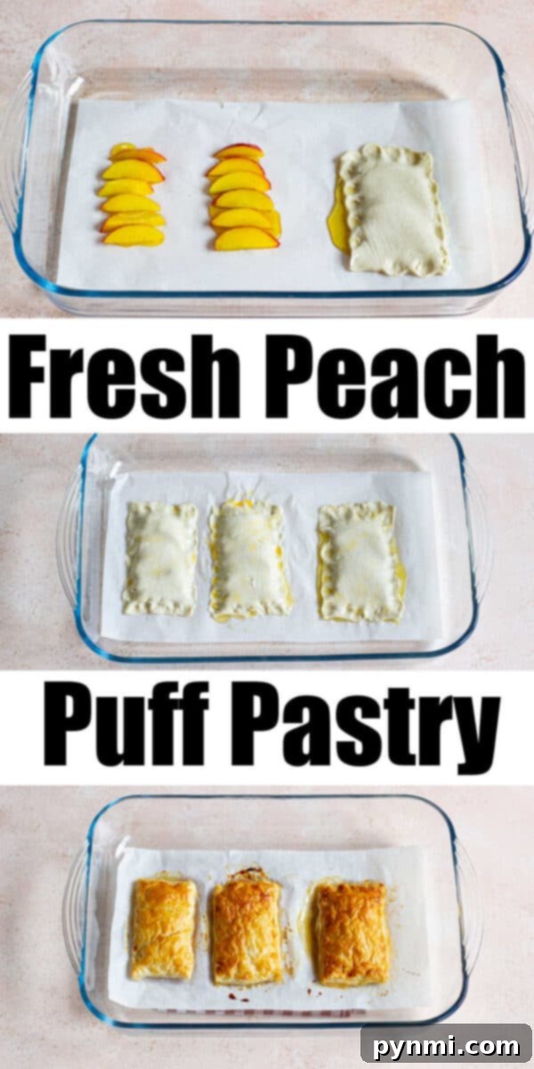 Golden Peach Delight 4 A person's hands are shown gently folding a sheet of puff pastry over a row of peach slices and honey on parchment paper, preparing it for baking.