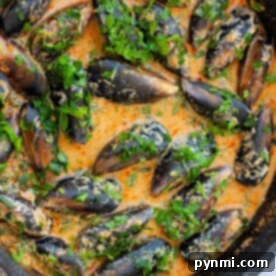 Curry Mussels simmer in a creamy, spiced sauce topped with fresh herbs in a pan.