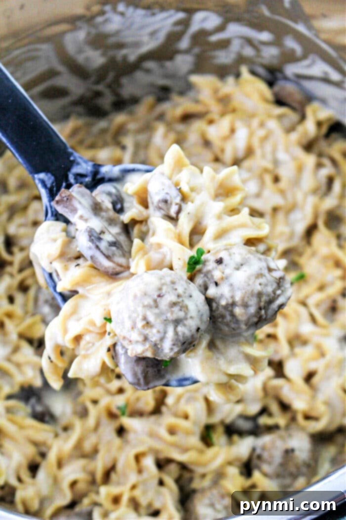 Creamy Instant Pot Meatball Stroganoff with noodles and sauce