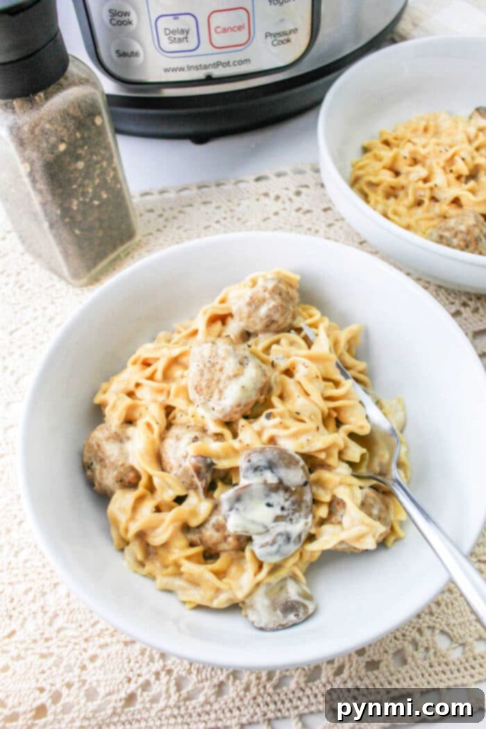 Instant Pot Meatball Stroganoff served in a bowl with herbs