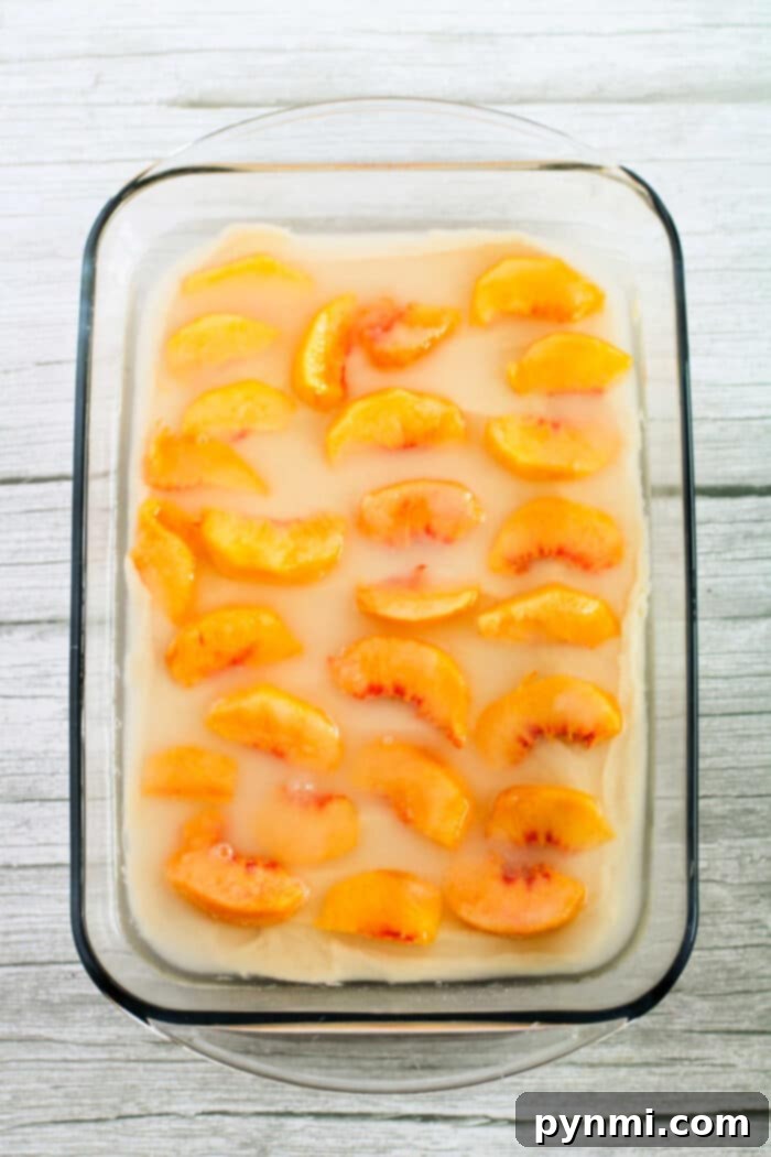 Close-up of golden brown peach cake recipes, highlighting the texture and juicy fruit within.