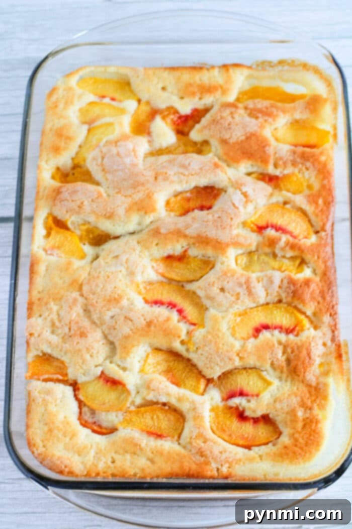A close-up of a rustic peach cake with fresh peaches, showing the golden baked top and juicy fruit.