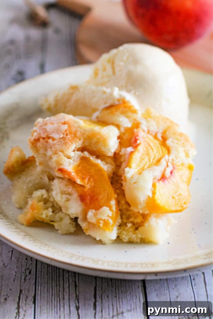 A delectable slice of fresh fruit cake, featuring peach cobbler, beautifully presented with a scoop of creamy vanilla ice cream.