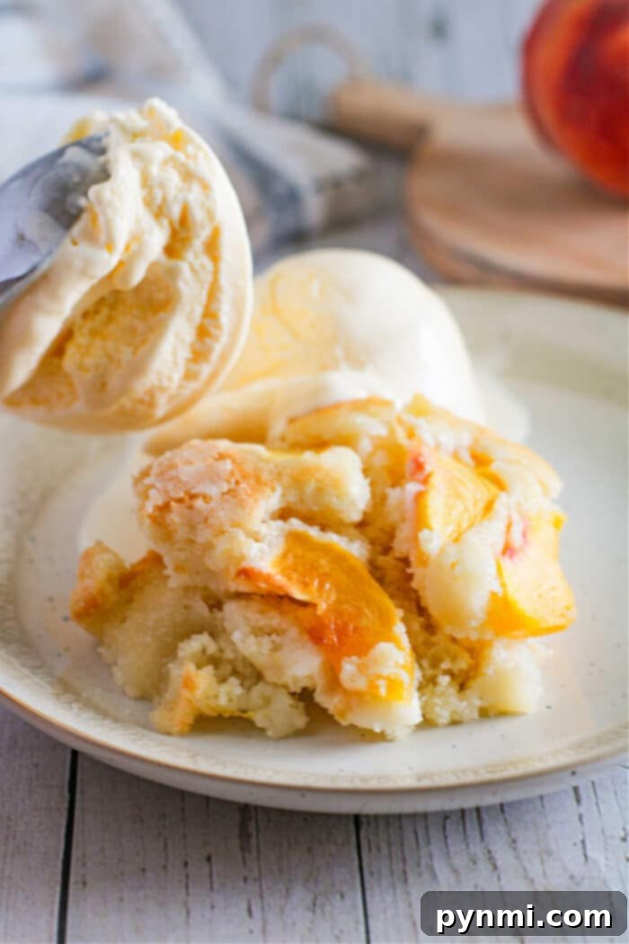 A top-down view of a golden brown cake cobbler, showcasing its warm, inviting texture and juicy fruit underneath.