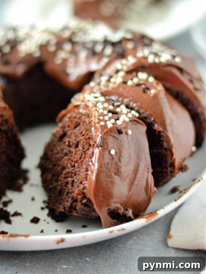 Decadent Cake Mix with Pudding and Sour Cream 2 A rich chocolate bundt cake, enhanced with pudding and sour cream, topped with decadent chocolate frosting and white sprinkles, presented on a pristine white plate. A perfect slice reveals the exceptionally moist interior, a testament to the pudding in the cake mix.