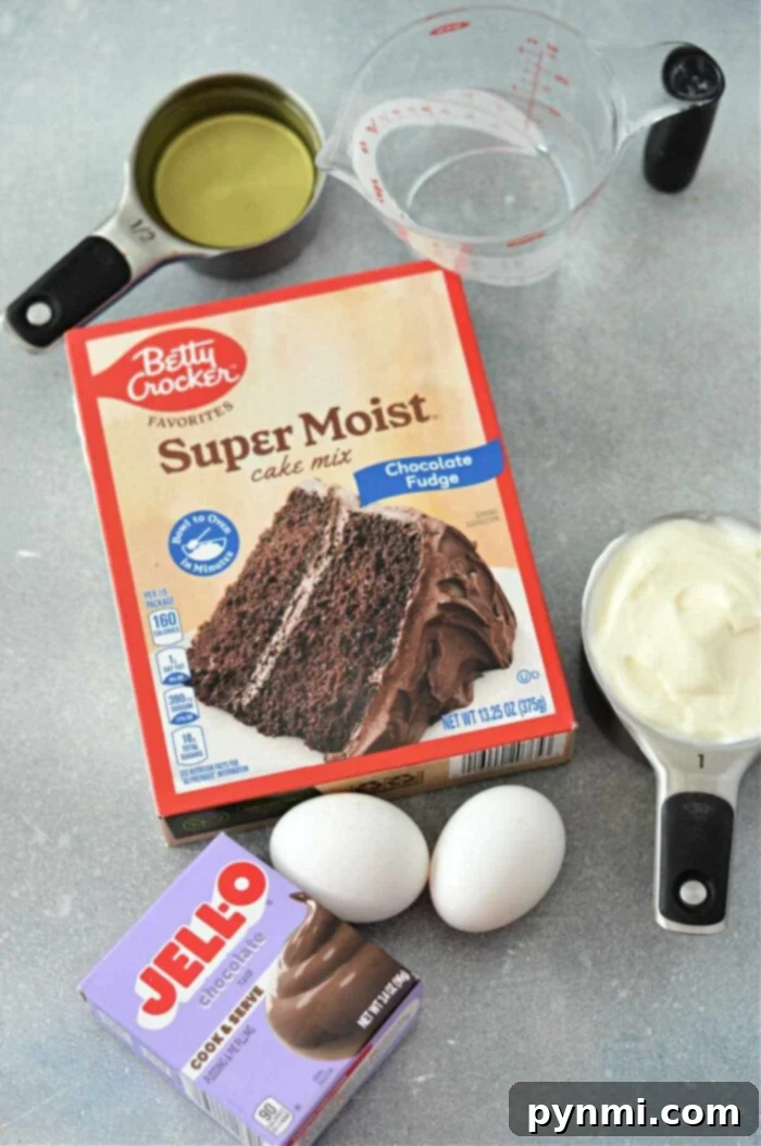 Decadent Cake Mix with Pudding and Sour Cream 3 A visual display of the ingredients required for baking this enhanced cake. Featured prominently are a box of Betty Crocker Super Moist chocolate fudge cake mix, a box of Jell-O chocolate pudding mix, two fresh eggs, clear measuring cups holding water and vegetable oil, and a bowl containing creamy sour cream. These elements are arranged neatly on a countertop, ready for mixing.