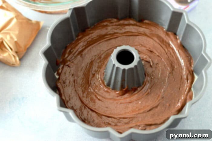 Decadent Cake Mix with Pudding and Sour Cream 4 A glistening bundt pan, expertly prepared and filled with the rich, chocolate cake batter infused with pudding and sour cream, ready for baking. The pan rests on a sleek gray countertop, surrounded by baking essentials like a glass mixing bowl and a rustic brown paper bag, hinting at the baking process ahead.