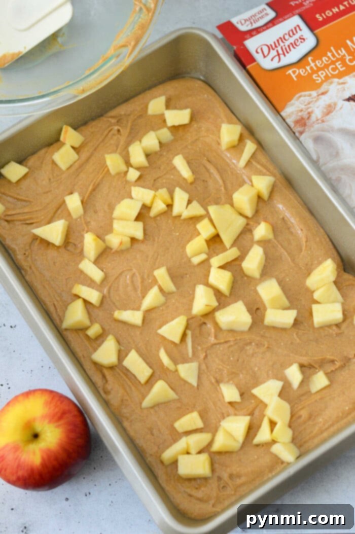 Quick Cake Mix Apple Delight 4 A baking pan filled with apple cake batter, nestled between a fresh apple and a convenient cake mix box, is ready to transform into a delicious apple cake with cake mix.