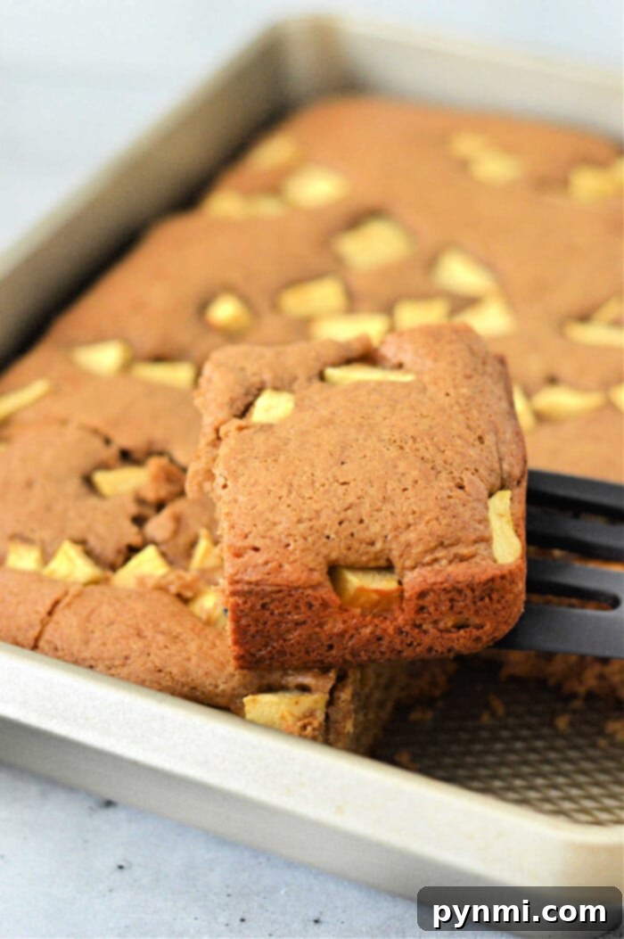 Quick Cake Mix Apple Delight 5 A slice of apple cake with cake mix is being lifted from a baking pan with a spatula.