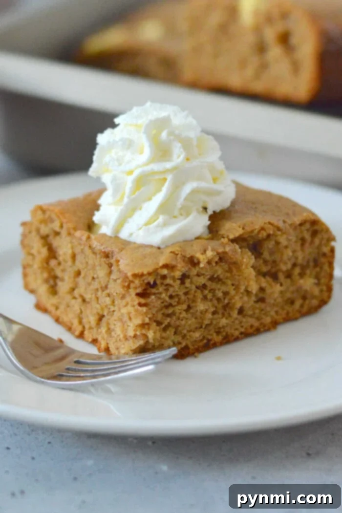 Quick Cake Mix Apple Delight 7 A slice of brown apple cake made with cake mix is topped with whipped cream on a white plate, with a fork beside it.