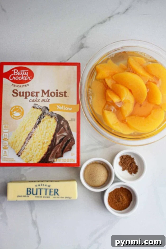 How to Make Peach Cobbler with Canned Peaches, ingredients laid out