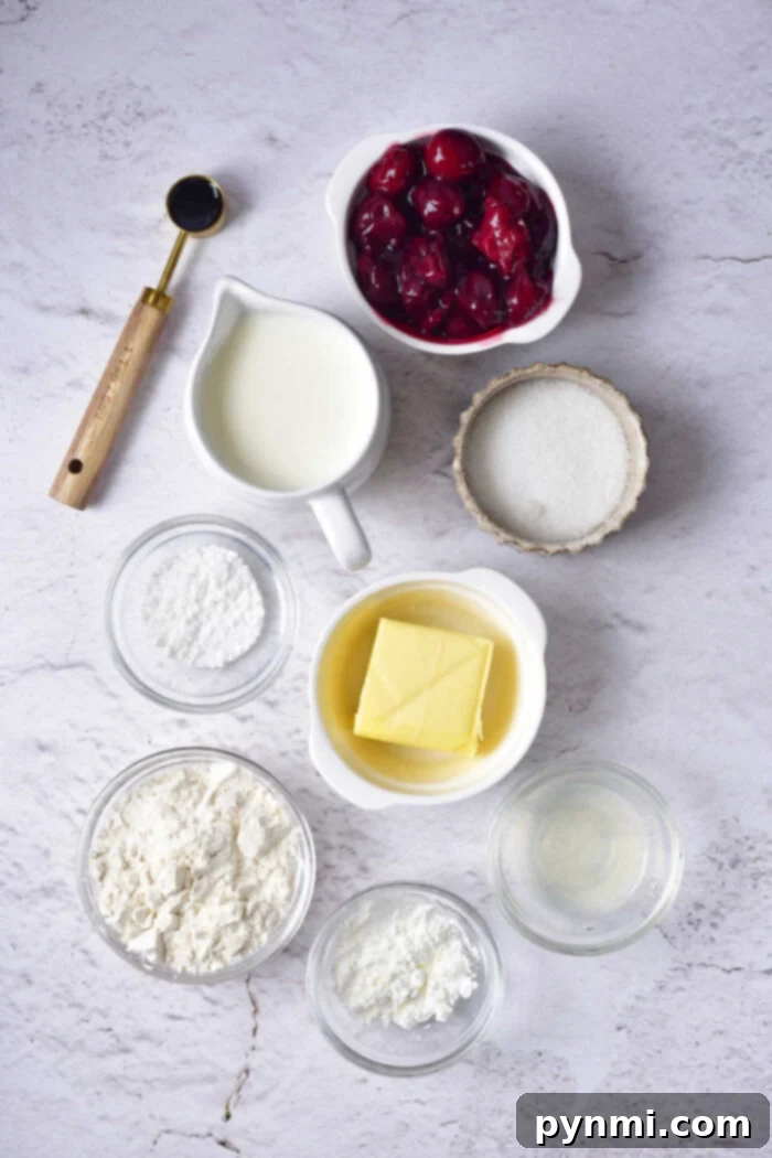 Simple Homemade Cherry Cobbler 3 Ingredients for homemade cherry cobbler laid out on a table