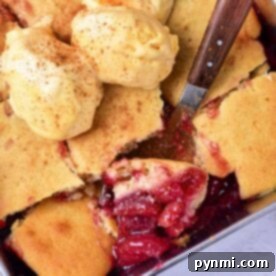 Close-up of Easy Cherry Cobbler with a golden crust, topped with vanilla ice cream scoops and a sprinkle of cinnamon.
