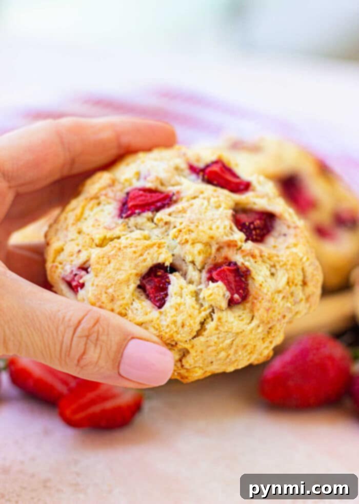 Homemade Popeyes Strawberry Biscuits 2 A hand holding a strawberry biscuit with visible pieces of the luscious fruit, reminiscent of a delightful strawberry biscuit, against a light background.