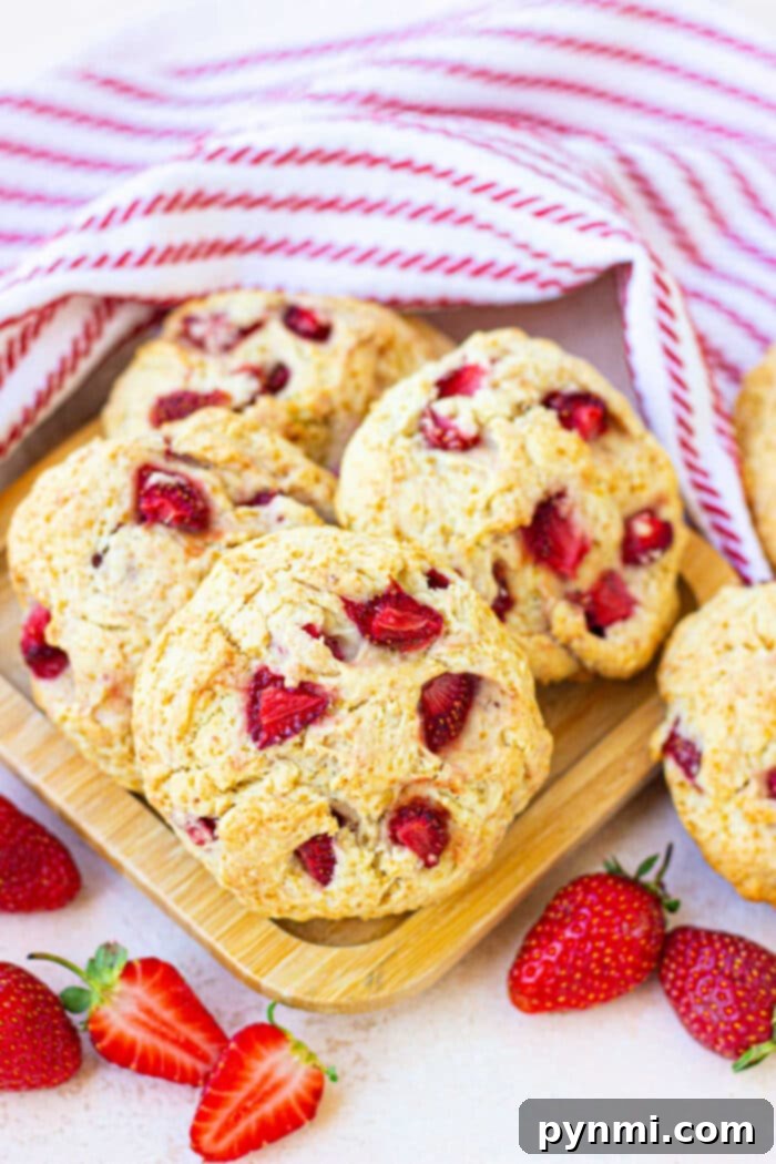 Homemade Popeyes Strawberry Biscuits 6 biscuits with strawberries on a wooden tray, surrounded by fresh strawberries and a striped cloth, resemble delightful strawberry biscuits ready for a morning treat.