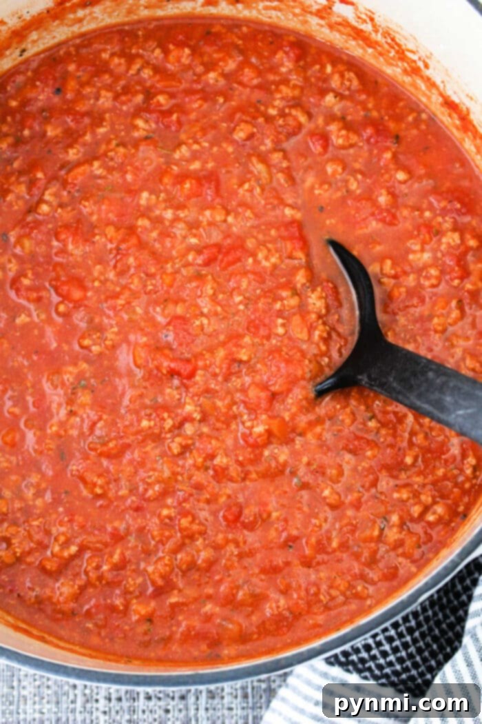 Rich and healthy spaghetti sauce with ground turkey and vegetables, served in a Dutch Oven.