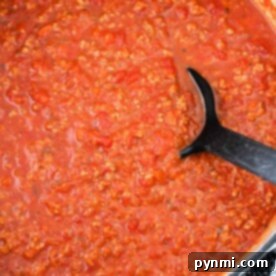 A pot of rich, red healthy spaghetti sauce with a ladle resting inside sits on a textured surface, accompanied by a striped cloth nearby.