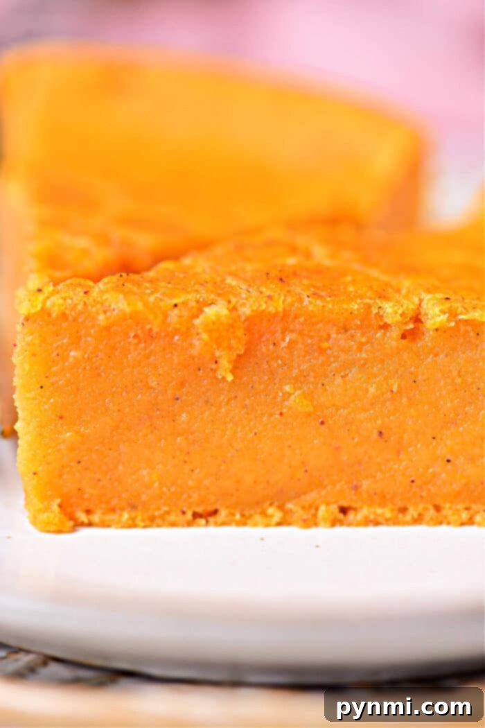 Crustless Pumpkin Pie Recipe, showing a beautifully baked pie with a slightly cracked top, garnished with whipped cream.