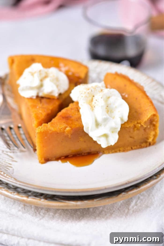 Pumpkin Pie Crustless Recipe, a perfect slice on a plate with whipped cream, ready to eat.
