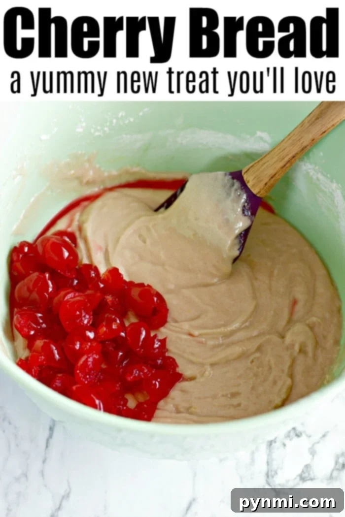 Homemade Maraschino Cherry Bread: Sweet, pink, and perfect for Valentine's Day or any sweet craving. Maraschino Cherry Bread slices on a cutting board, with a knife, showcasing its pink hue and cherry pieces.