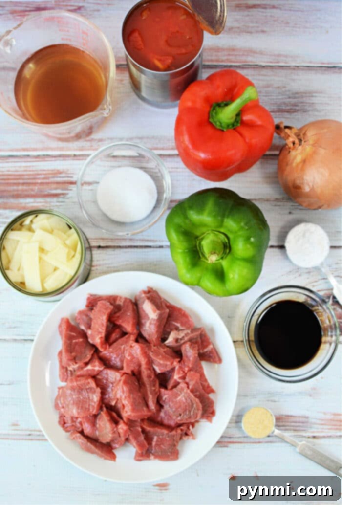 Ingredients laid out for making Slow Cooker Pepper Steak