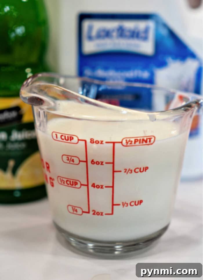 Lemon Buttermilk Hack 2 How to Make 1 Cup of Buttermilk, a fresh batch being prepared in a measuring cup