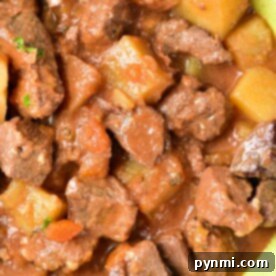 Close-up of a bowl filled with venison stew, featuring tender chunks of meat and potatoes in a rich, brown sauce—a hearty recipe perfect for any comfort food lover.