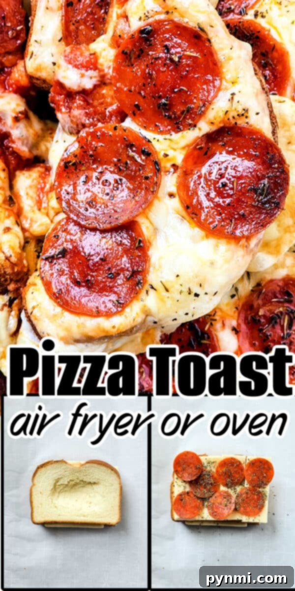 Slices of bread topped with cheese and pepperoni create Grilled Cheese Pizza Toast, easily made in an air fryer or oven.