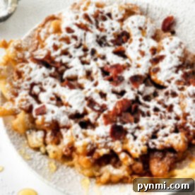 A delightful plate of funnel cake, dusted with powdered sugar and sprinkled with crunchy bacon bits, offers a heavenly taste experience. Perfect for those curious about how to make a funnel cake masterpiece.