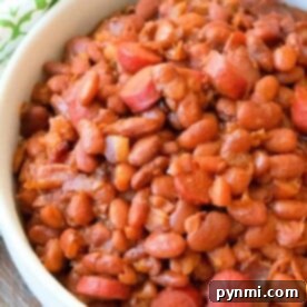 Frankly Delicious Beans 6 A rustic bowl of Beans and Weenies, showcasing baked beans with sliced hot dogs, sits invitingly on a wooden surface.