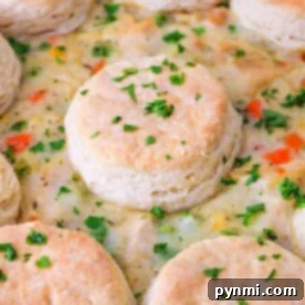 Fluffy biscuits rest atop a creamy turkey pot pie filling, accented with fresh parsley.