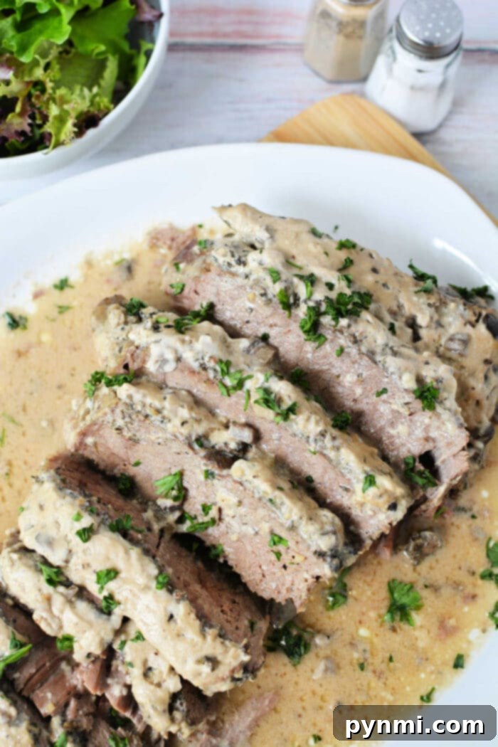 Effortless Slow Cooker London Broil 6 London Broil Slow Cooker with creamy gravy