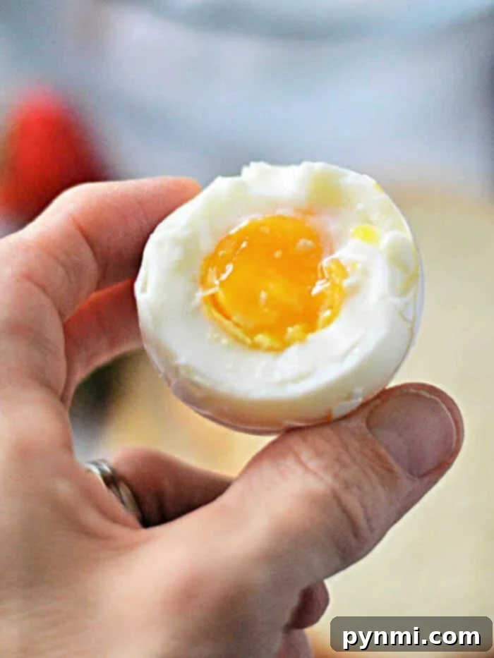 Your Toaster Oven's Secret for Perfect Hard Boiled Eggs 2 A hand delicately cradles a perfectly hard-boiled egg, its creamy yolk hinting at the ideal doneness achieved in a toaster oven.
