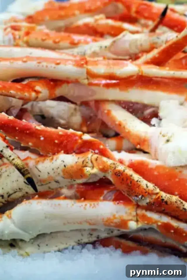 A close-up view of a pile of red and white crab legs on ice, showcasing their texture and colors. 