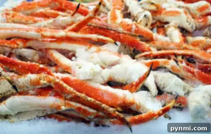 A pile of fresh crab legs is displayed on crushed ice at a seafood market. 