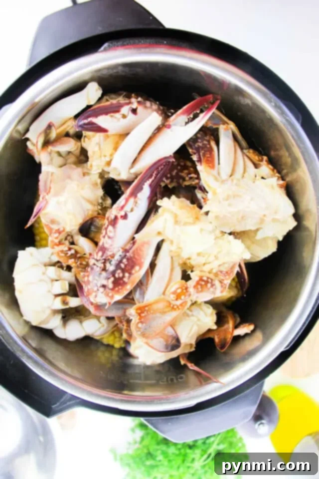A bowl filled with partially cooked crab pieces shows visible crab shells and sections of white crab meat. The metal edges suggest it might be part of a cooking appliance or pot.