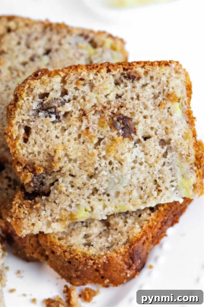 How to bake moist banana bread: a cross-section showing moist, tender banana bread