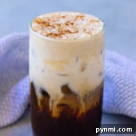 A glass of iced coffee with a creamy top, expertly frothed using a hand frother, and a sprinkle of cinnamon rests on a gray surface with a blue cloth nearby.