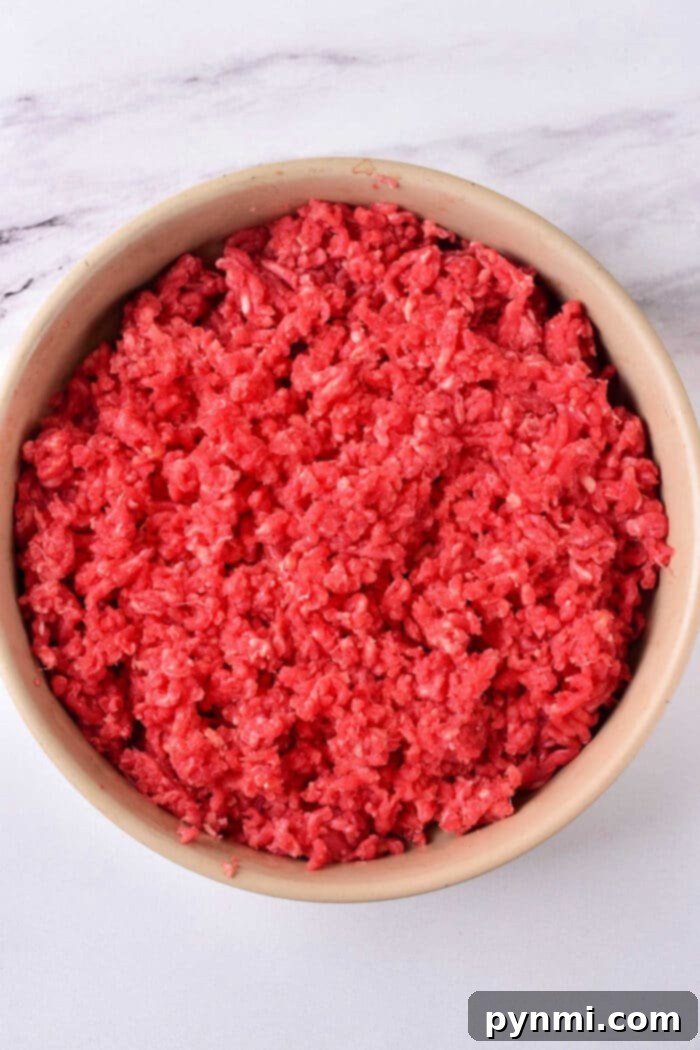 Creative Ground Venison Meals 8 A bowl filled with raw ground deer meat sits on a marble countertop, ready to inspire your next culinary creation or ground venison recipes adventure.