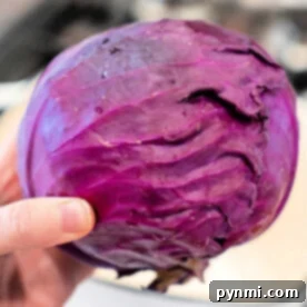 A hand holding a whole purple cabbage with visible leaf texture, perfect for transforming into delicious sautéed red cabbage.