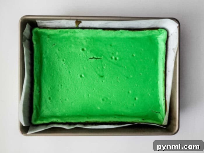 Decadent Sugar Cookie Lasagna 4 Overhead view of a tray of red and green dessert lasagna squares, ready for serving.