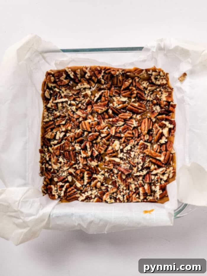 Freshly poured pecan fudge in a pan, topped with whole pecans