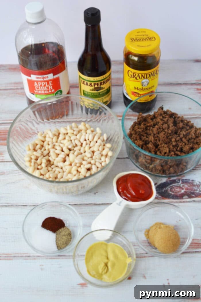 Hearty Cowboy Beef and Bean Casserole 3 Delicious Ground Beef Baked Beans simmering in a slow cooker.