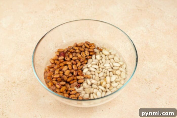A glass bowl features uncooked tepary beans on the right, alongside white beans, all resting on a light surface, illustrating the diverse colors and textures of different bean types.