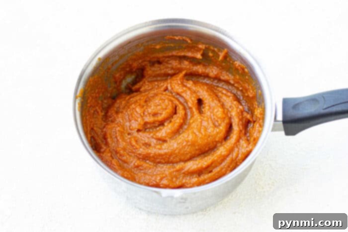 Close-up of freshly made pumpkin spread, showcasing its smooth texture and rich color.